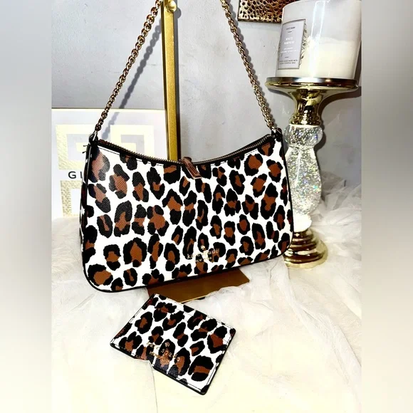 2FER NWOT Kate Spade Pochette Spotted Leopard Shoulder Bag with Gold Chain - Picture 3 of 8